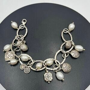 Artisan Sterling Silver White Freshwater Pearl Ladybug Link‎ Charm Bracelet
